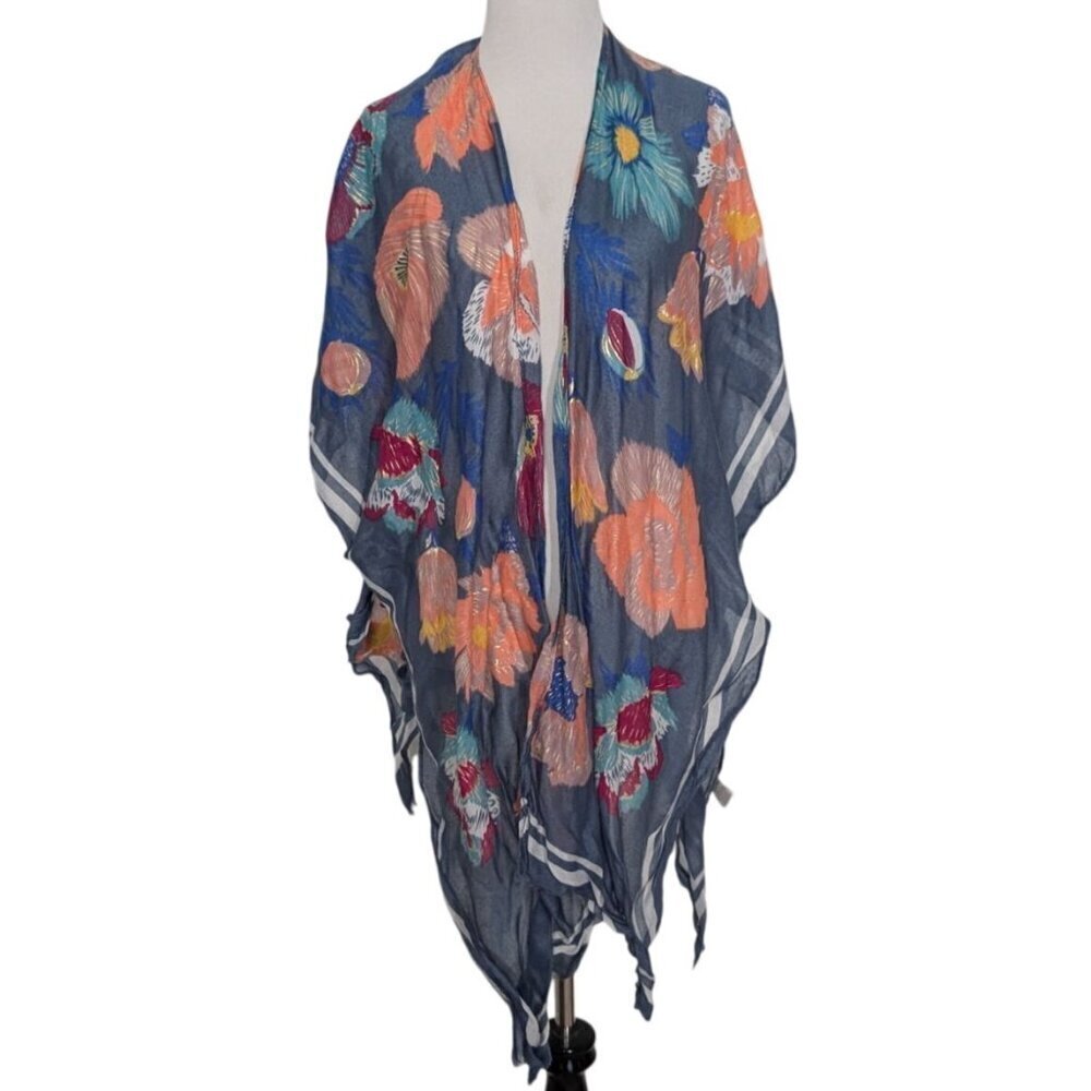 Woven Heart Floral Kimono Womens One Size Blue Metallic Lightweight Cardigan